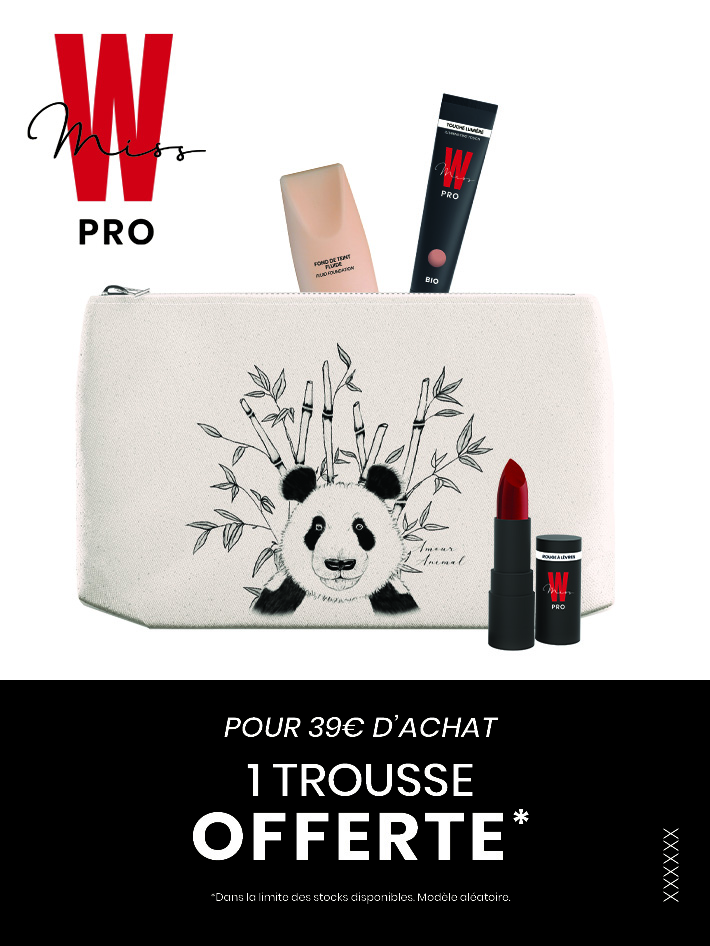 Affichette 1 trousse beauté offerte pour 39€ d'achat pour le maquillage bio Miss W Pro, Institut de beauté Emeline Esthétique La Verrie
