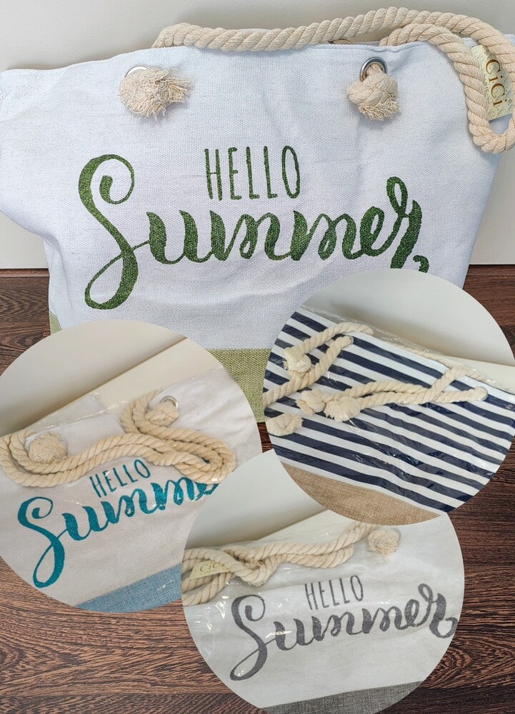 Sac de plage avec fermeture éclair, écriture "Hello Summer" sur le sac, différents coloris disponibles (vert, bleu et gris). Offre produits juin/juillet 2024. Institut de beauté Emeline Esthétique, Vendée, Chanverrie - La Verrie 85130